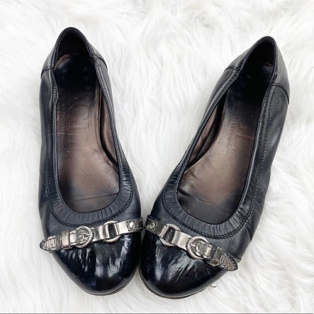 AGL Leather & Patent Leather Buckle Ballet Flats